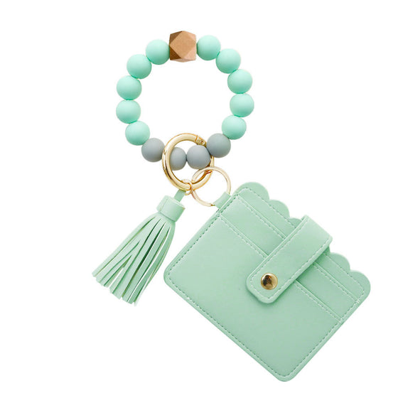 Mint bead wristlet keychain with card holder