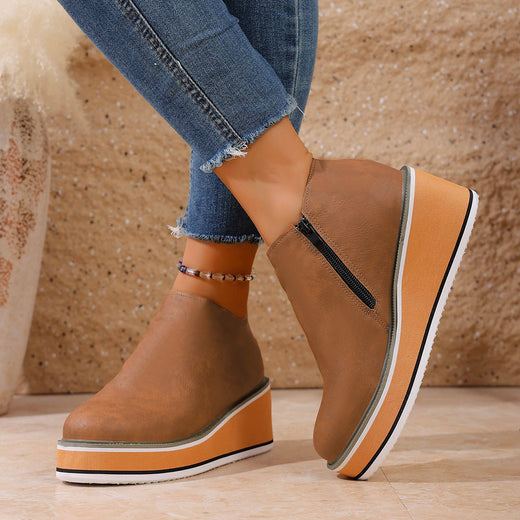 Womens Wedge Heel Ankle Boots Side Zipper Pointed Toe Comfortable Short Boots