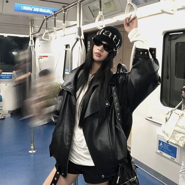 Lady's retro motorcycle PU leather jacket