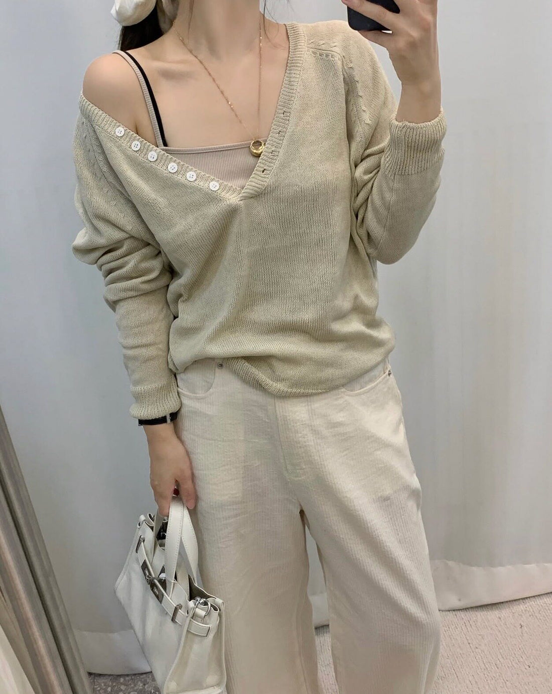Women Autumn V-Neck Button Long-Sleeve Knit Top