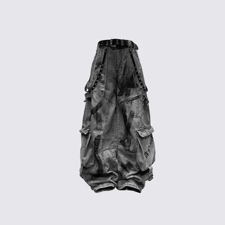 Men's Deconstructed Patchwork Multi-Pocket Ripped Wide-Leg Jeans
