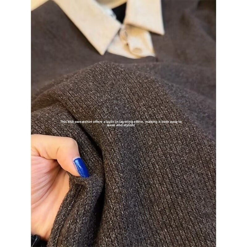 Men's Faux Two-Piece V-Neck Knit Sweater Breathable Anti-Static Long Sleeve Pullover