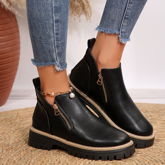 Women's round toe square heel short boots with side zipper, photo 1