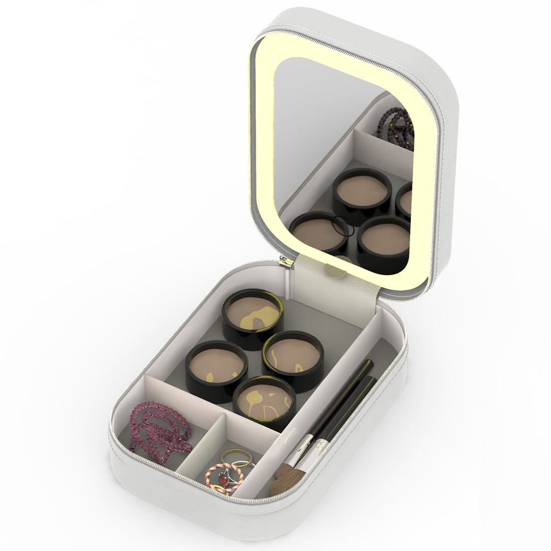 Open white LED mirror makeup bag with cosmetics in the compartments