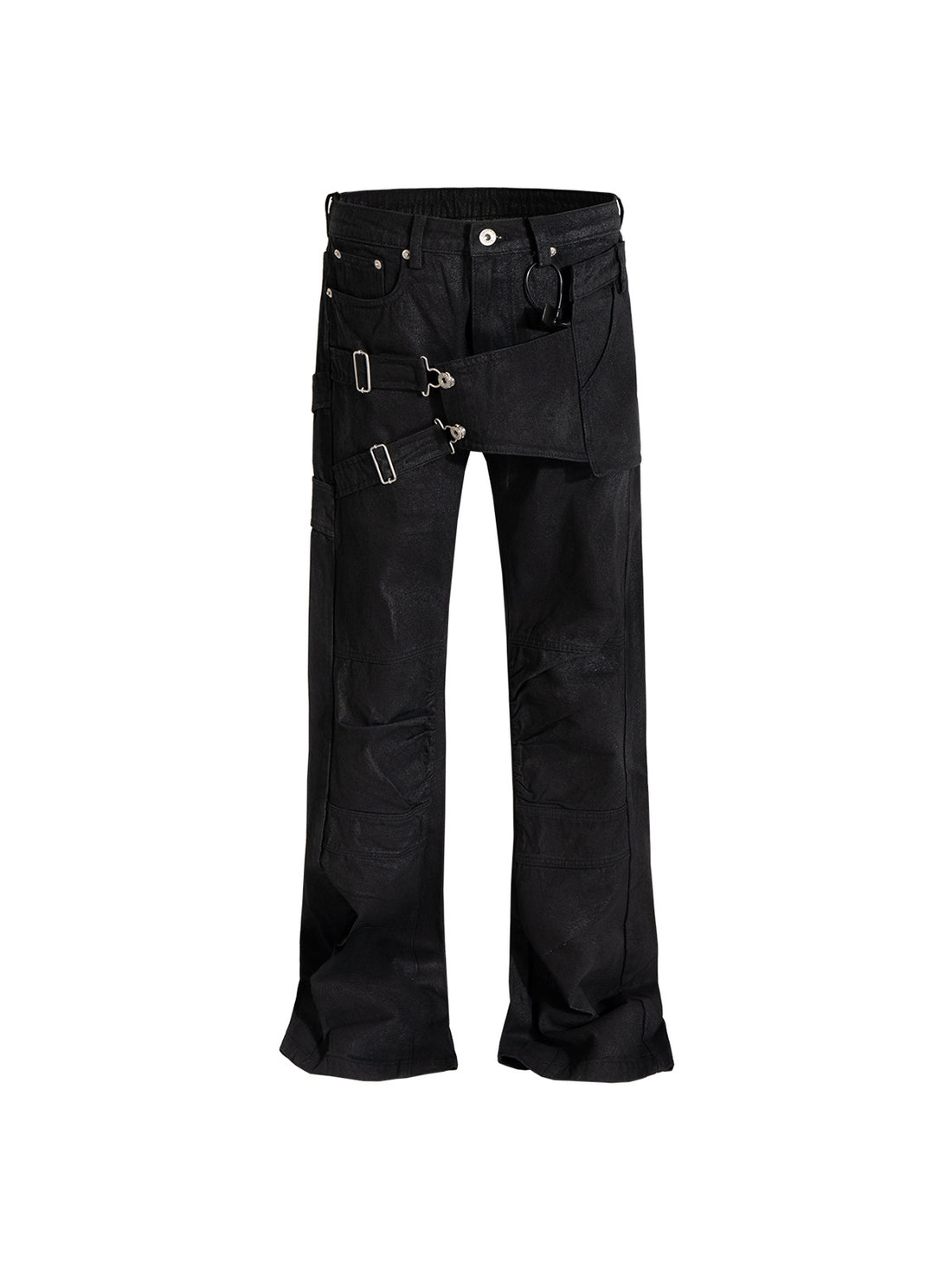 Unisex Multi-Pocket Deconstructed Layered Coated Slightly Flared Denim Jeans