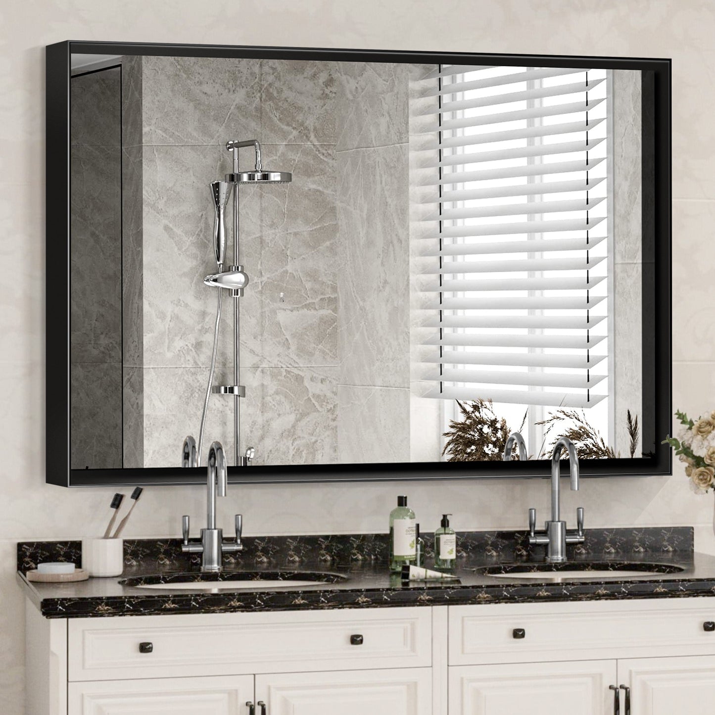 40x30 Inch Glossy Black Bathroom Wall Vanity Mirror