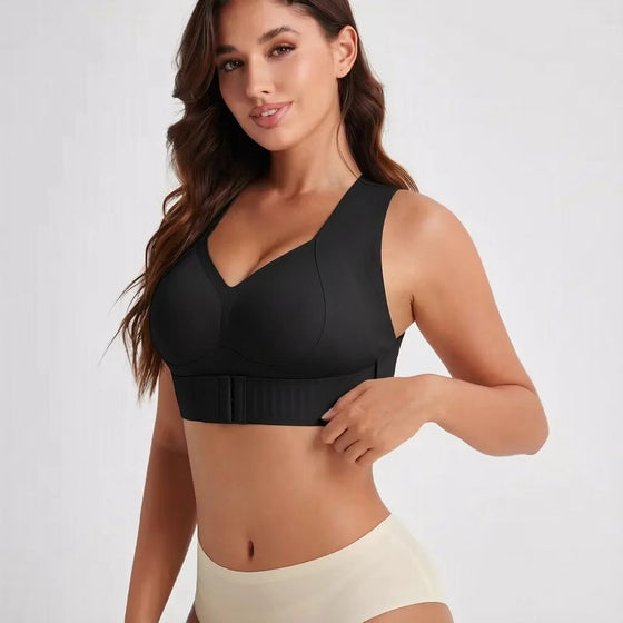 Seamless wire-free back support posture bra with front closure, in white