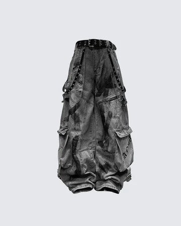 Men's Deconstructed Patchwork Multi-Pocket Ripped Wide-Leg Jeans
