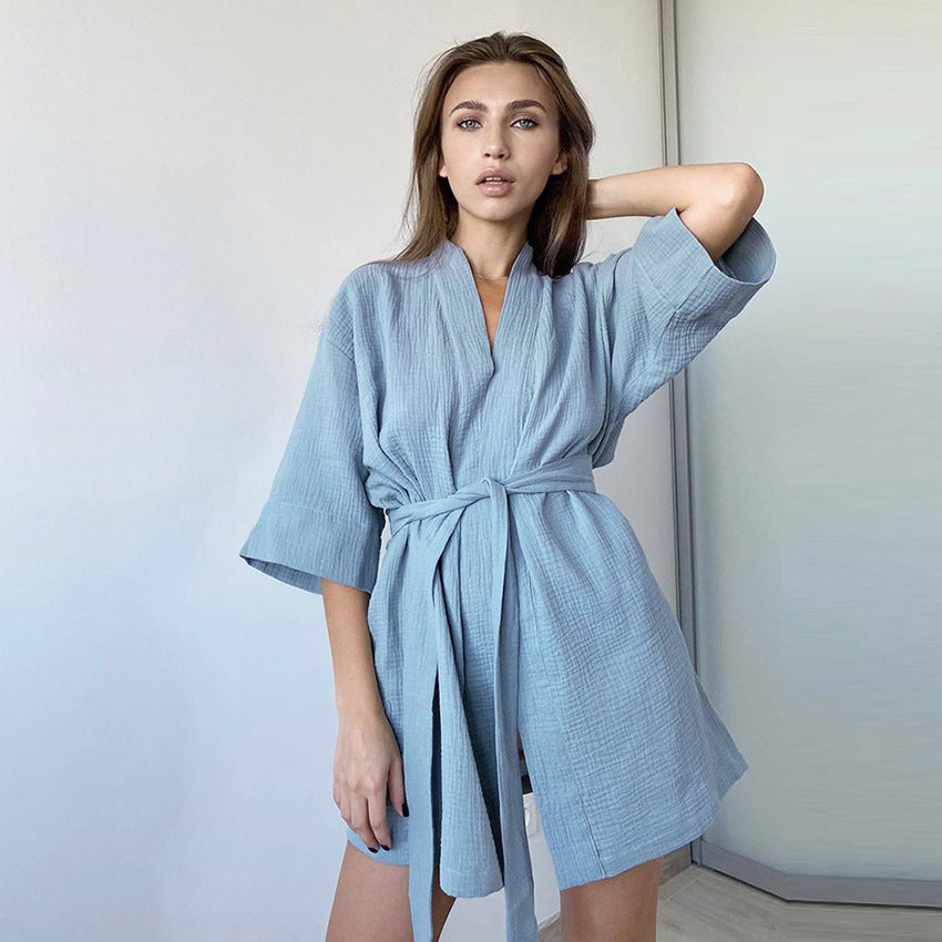 Women's pure cotton crepe short-sleeved V-neck nightgown
