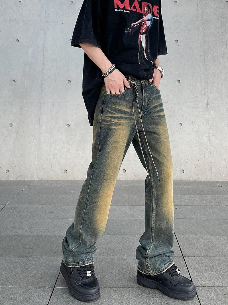 Distressed yellow mud-dyed washed jeans straight-tube micro-pants