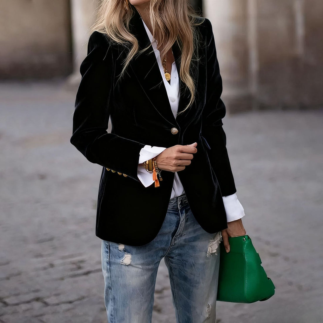 Women's Velvet Slim-Fit Double-Breasted Blazer Long Sleeve Elegant Jacket