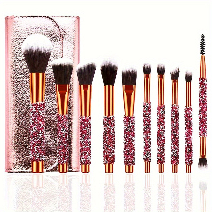 10-piece makeup brush set with pink glitter crystal handles beside a rose gold travel pouch