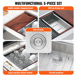 Farmhouse sink workstation ledge holding a cutting board