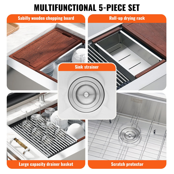 Farmhouse sink workstation ledge holding a cutting board