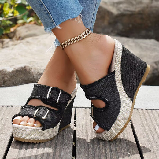 Women's Denim Wedge Heel Peep-Toe Sandals