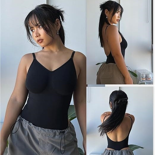 Woman in a black bodysuit with a low scoop back