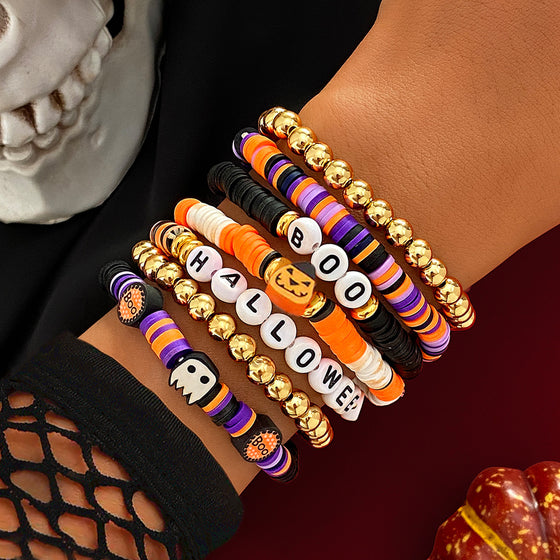 Halloween Orange Pumpkin Skull Bracelet Set