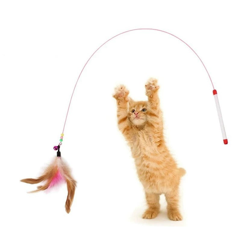 Interactive Cat Teaser Toy with Feathers and Bell, Durable Wire Wand for Kitten Play