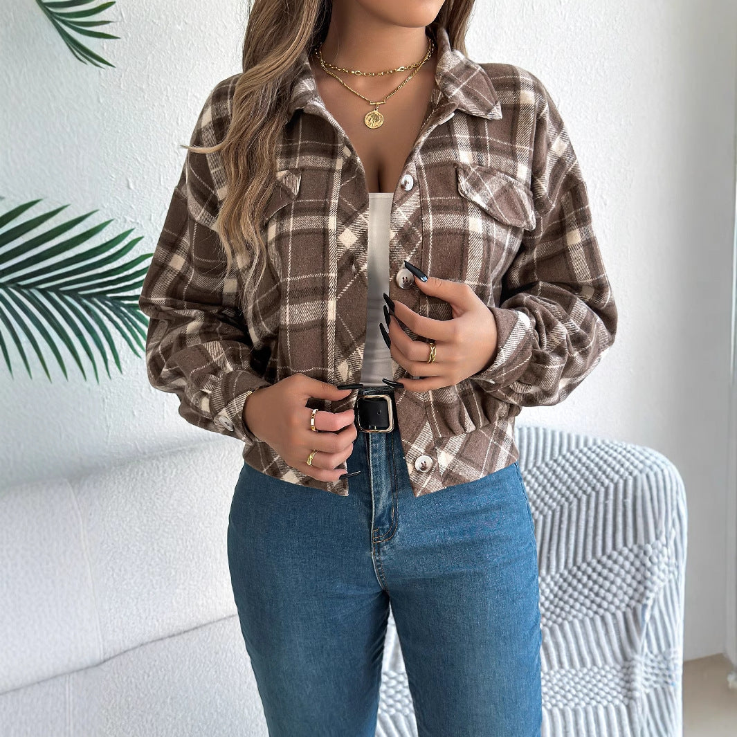 Women's Plaid Long Sleeve Lapel Woolen Jacket with Button Closure