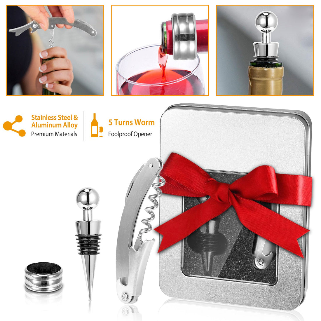 Wine opener set in a tin with a red bow and feature icons