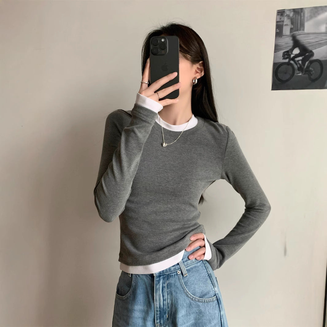 Women's Faux Two-Piece Long Sleeve Slim Fit T-Shirt Tee