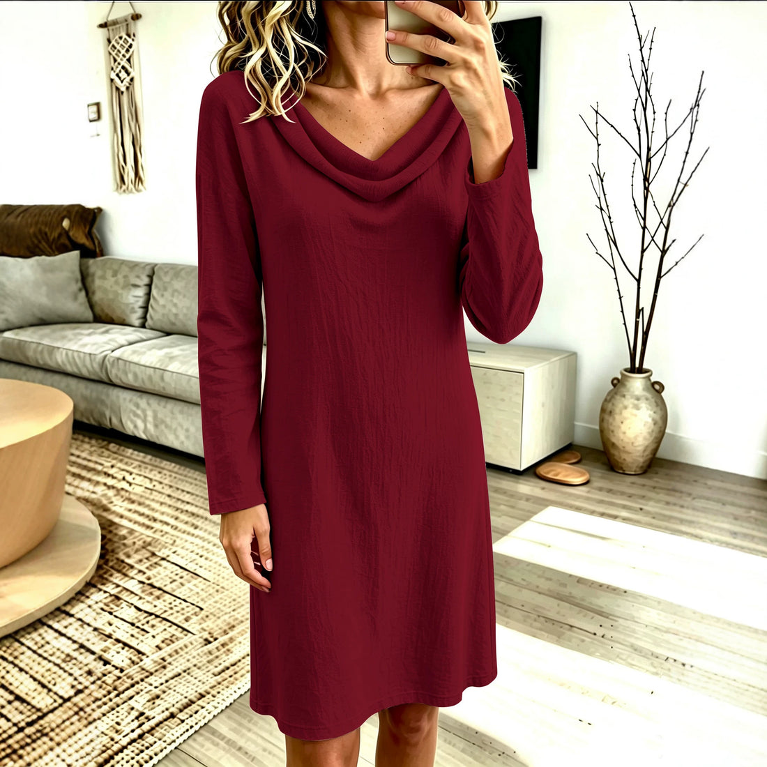 Women's Solid Color Woven Swing Collar Long-Sleeve Mid Dress