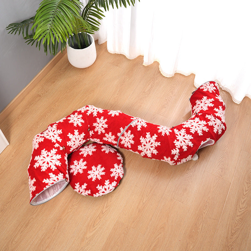 Christmas Cat Tunnel Bed – Red Snowflake Foldable Donut Bed with Play Tunnel