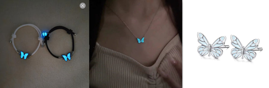 Collage of glowing butterfly jewelry pieces