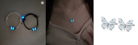 Collage of glowing butterfly jewelry pieces