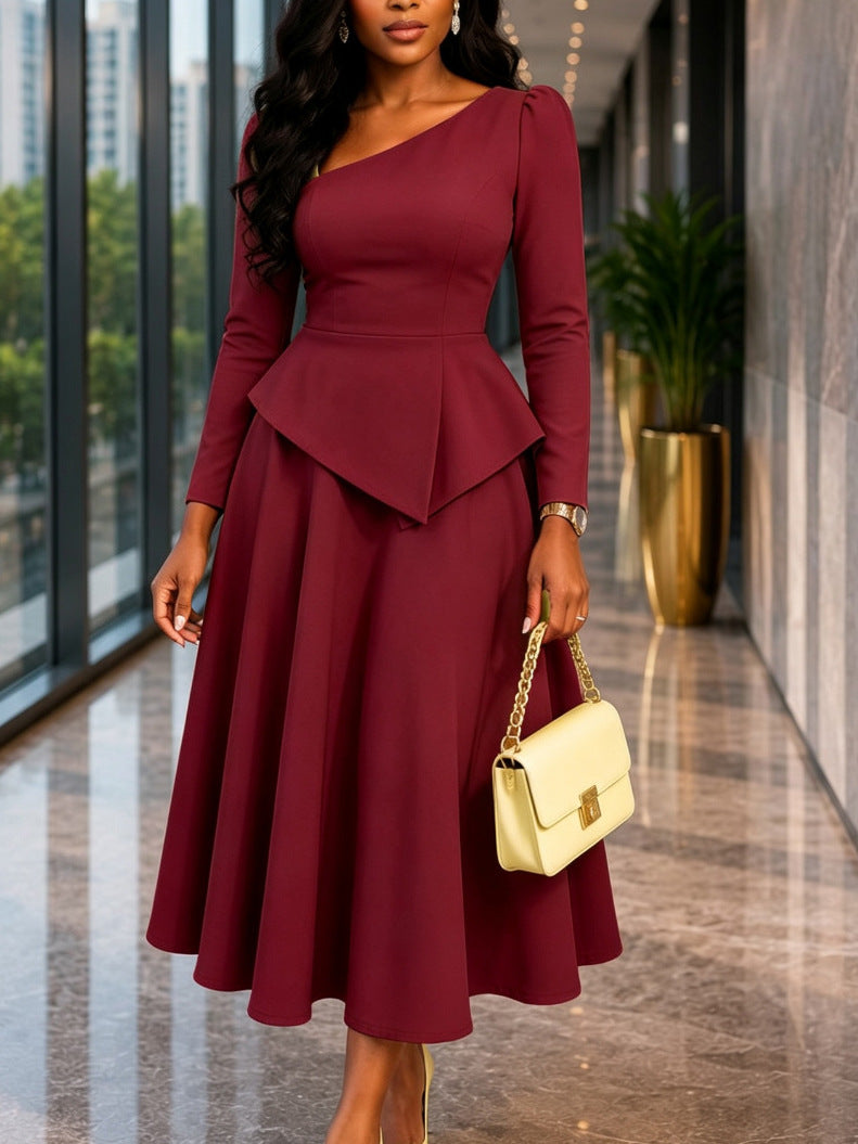 Women's slanted neckline ruffled waist long sleeve midi dress, photo 4
