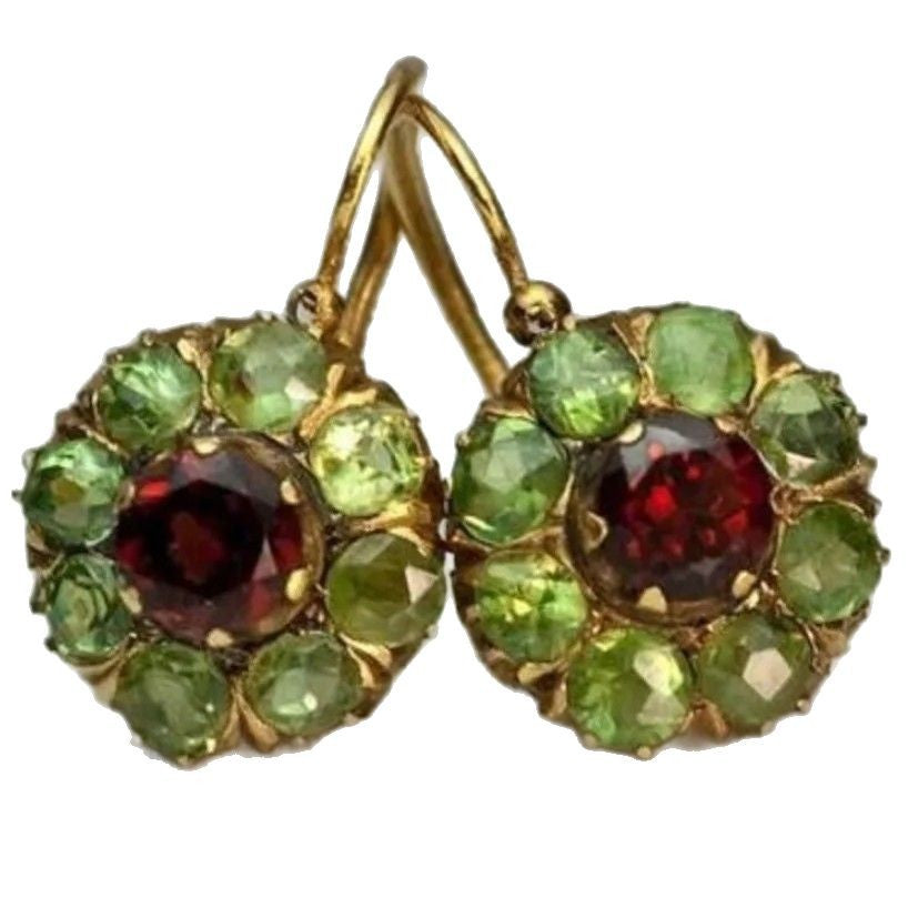 Victorian Two-Tone Rhodolite Peridot Alloy Drop Earrings