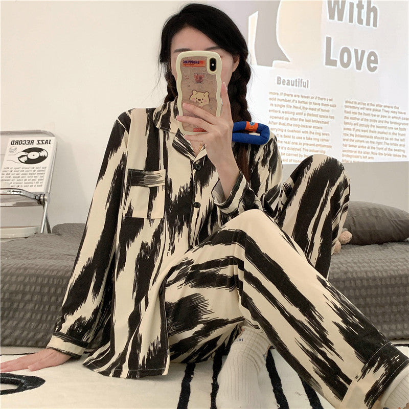 Long Sleeve Milk Silk Couple Pajama Set with Cartoon Pattern