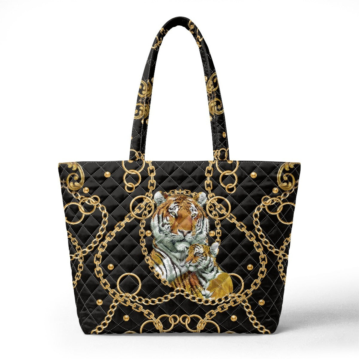 Embroidered Quilted Tiger Print Tote Bag