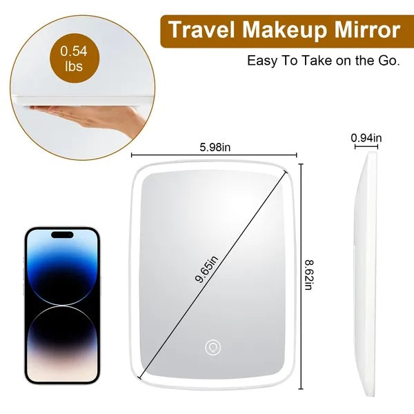 Lighted vanity mirror dimensions, about 5.98 x 8.62 x 0.94 in, beside a phone