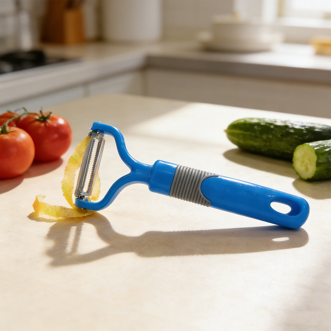 Vegetable peeler peeling a potato
