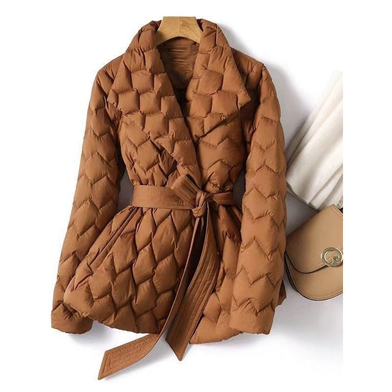 Women's belted geometric pattern padded coat with hood, photo 1