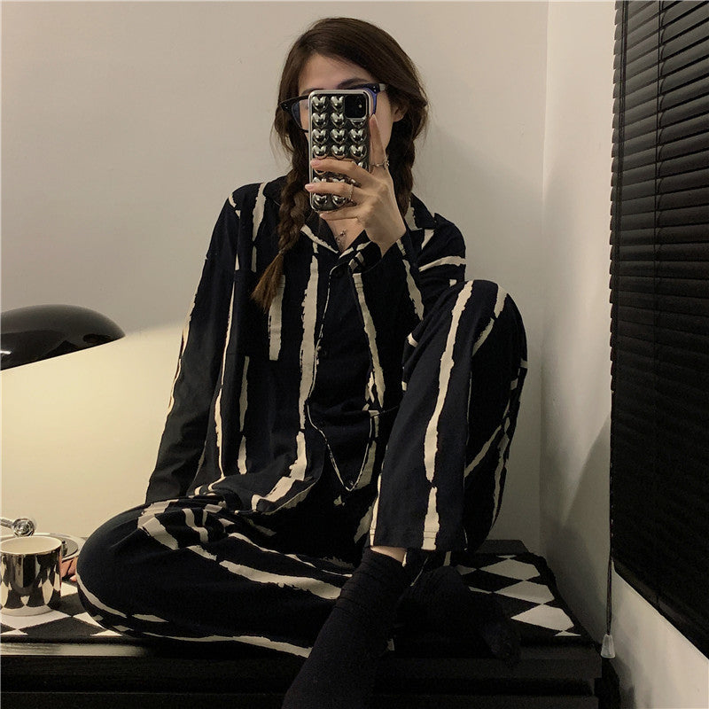 Long Sleeve Milk Silk Couple Pajama Set with Cartoon Pattern