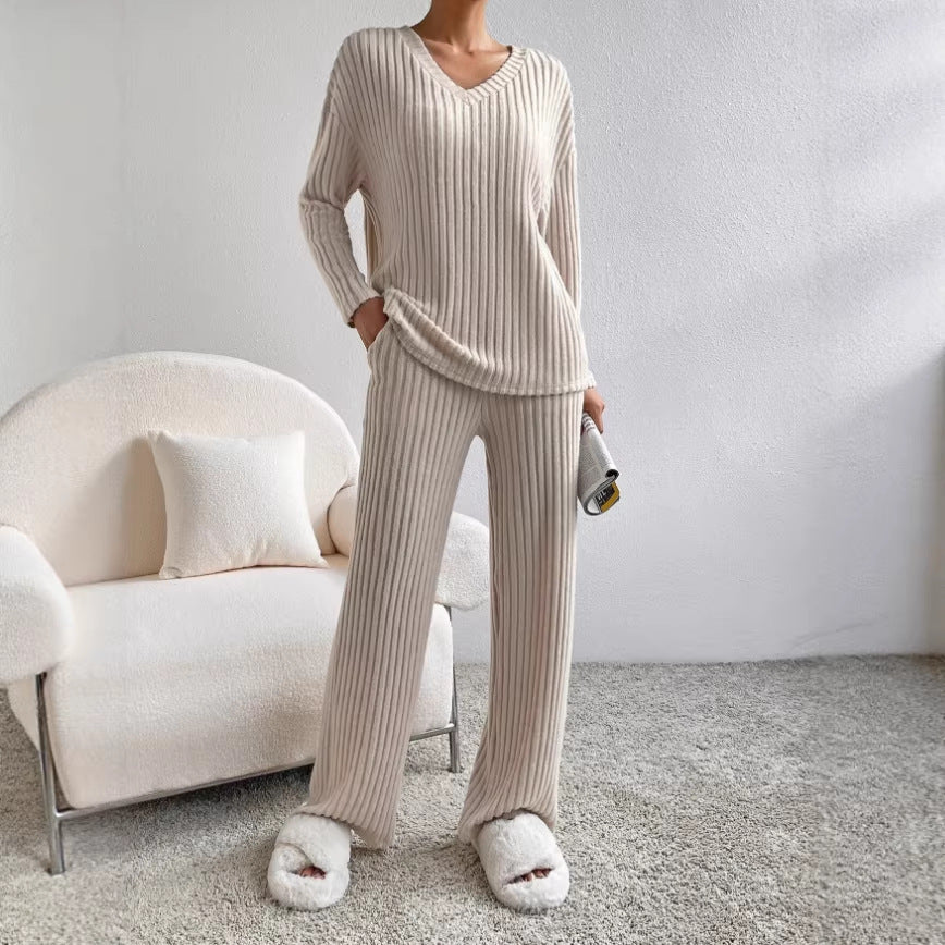 Women's V-Neck Ribbed Knit Two-Piece Set