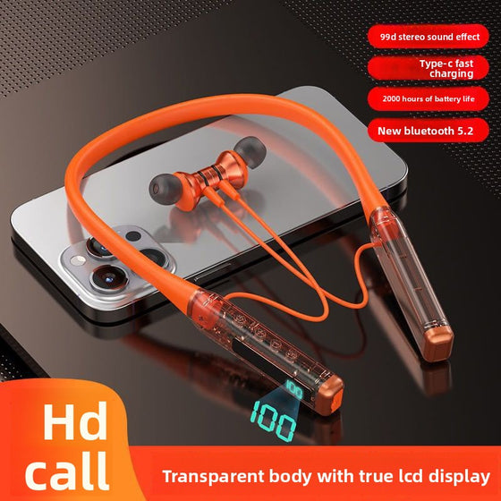 Orange neckband earphones with a transparent body and LCD display on a phone