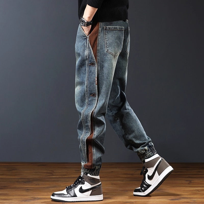 Men's Vintage Washed Denim Harem Pants Spliced Loose Fit Casual Jeans