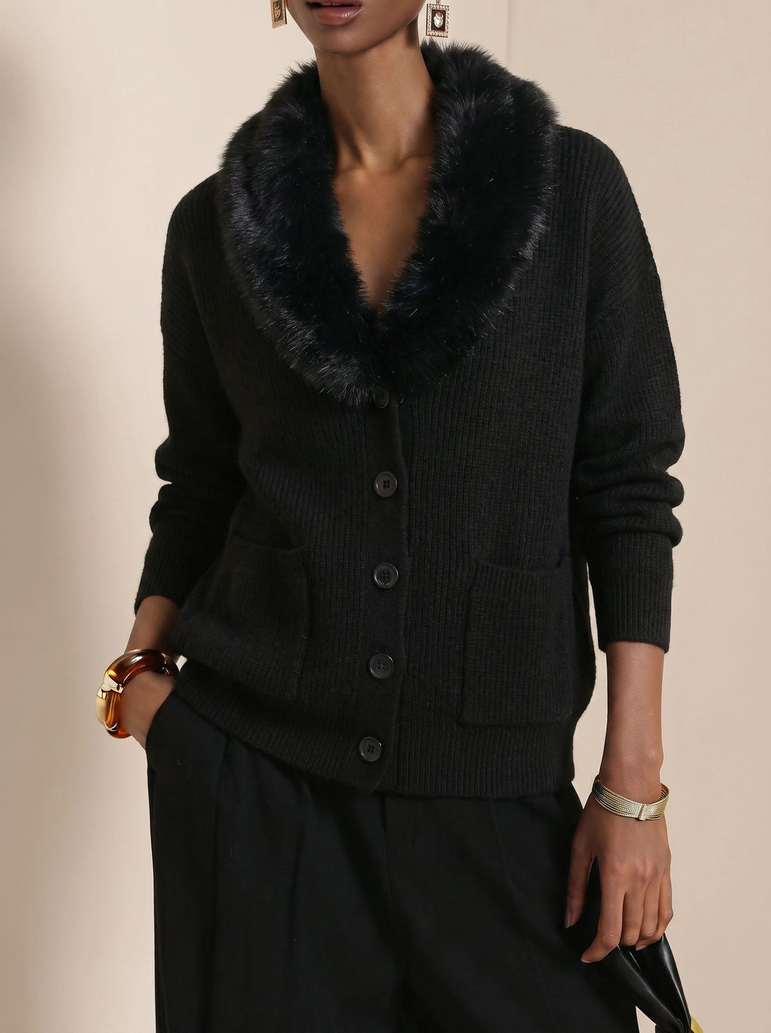 Women's Solid Knit Cardigan with Fur Collar Long Sleeve