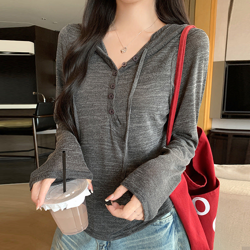Women's Button-Down Knit Hoodie Long Sleeve Henley T-Shirt