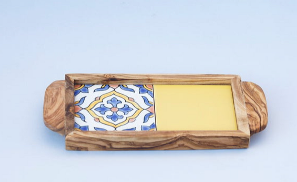 Olive Wood Ceramic Tile Serving Tray