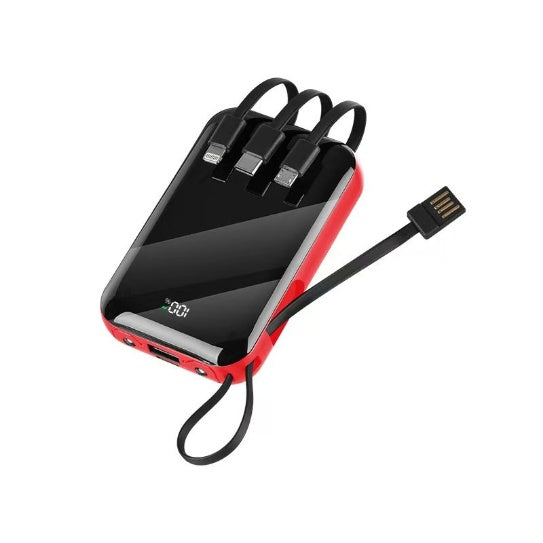 Red power bank with built-in charging cables folded out