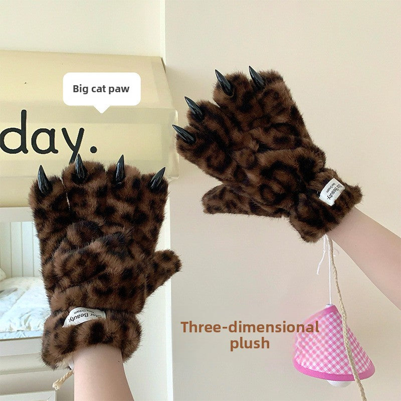 Plush leopard print five-finger winter gloves, photo 5