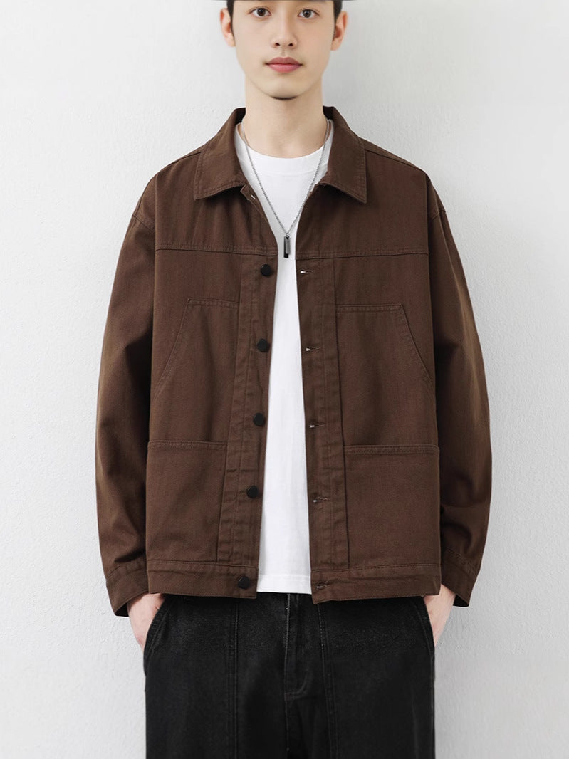 Men's Pure Cotton Lapel Jacket Solid Color Long Sleeve Casual Loose Coat