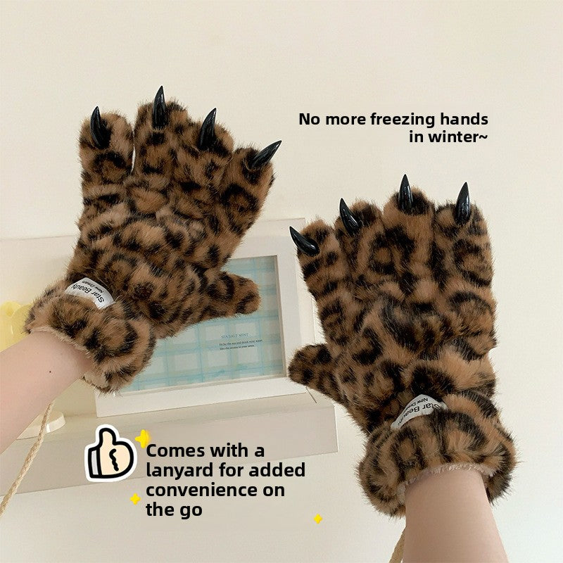 Plush leopard print five-finger winter gloves, photo 6