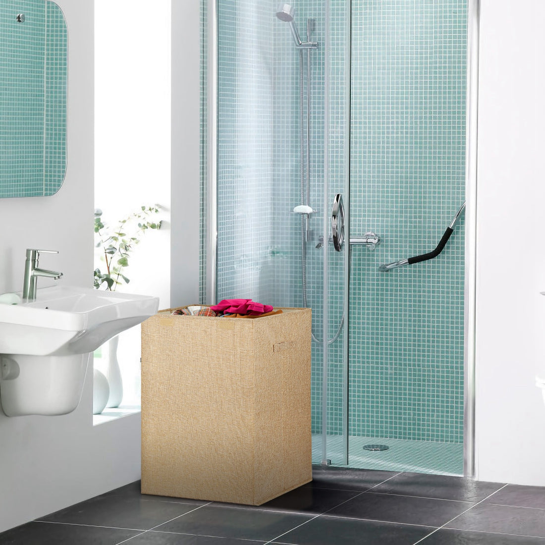 Brown laundry hamper in a bathroom