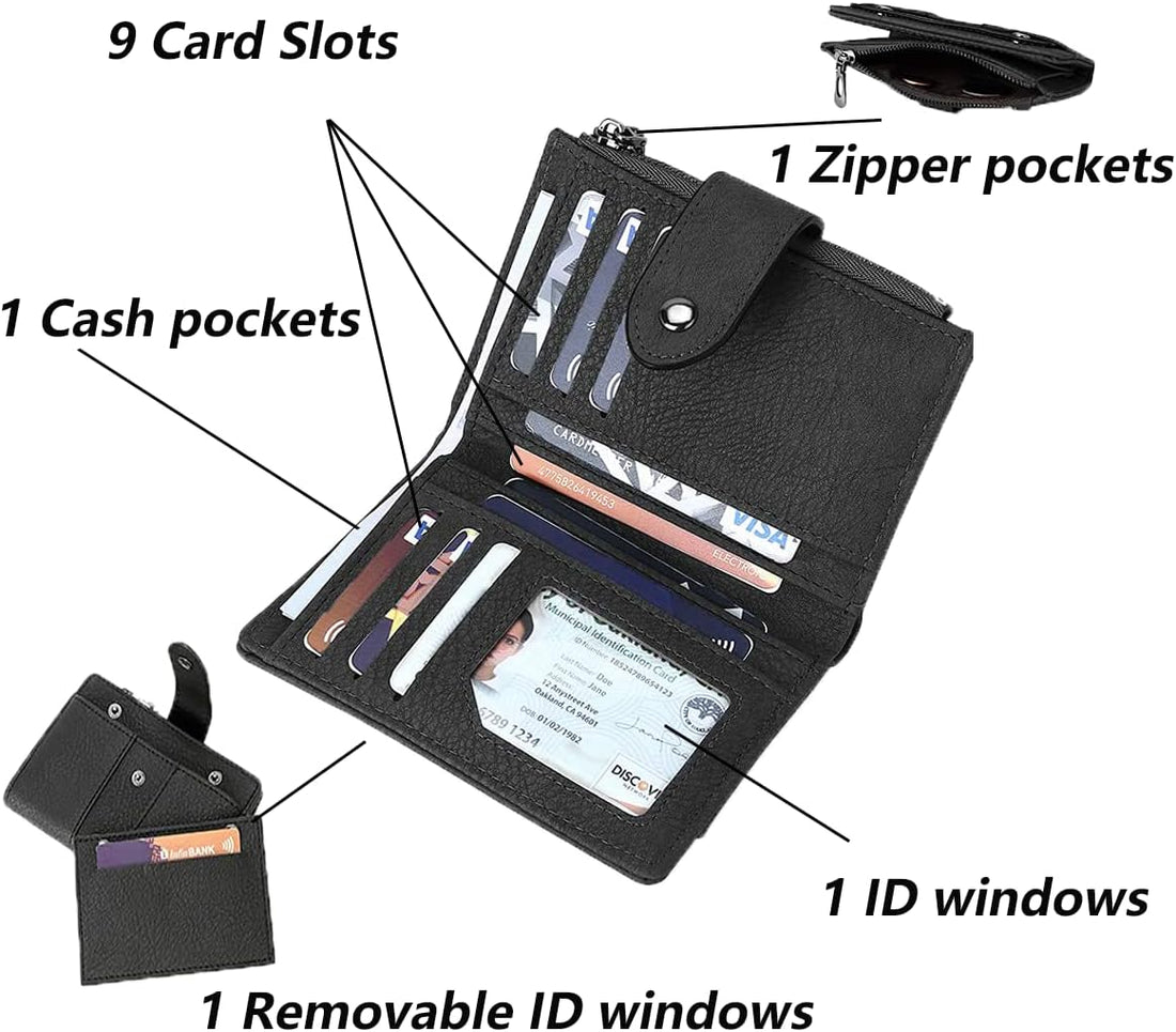 Inside diagram showing card slots, ID windows, cash and zipper pockets