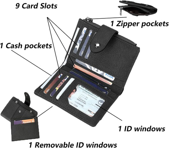 Inside diagram showing card slots, ID windows, cash and zipper pockets